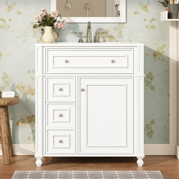 English Elm Bathroom Vanity with Sink French-Inspired 30" Ceramic Basin Vanity Cabinet with Soft-Close Doors & Drawer Organizer White N710P286723K