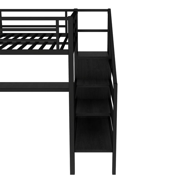 English Elm Twin Xl Metal Loft Bed with Stair Storage Shelves Sturdy Steel Frame for Dorms W1580S00545