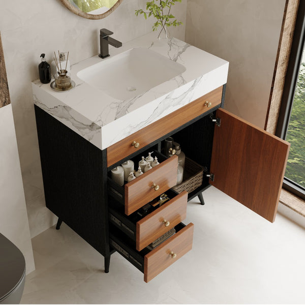 English Elm 29.9" Floating Bathroom Vanity Sintered Stone Top Soft Close Drawers Bronze Gold Hardware Black,Brown,Gold,White W3136S00046