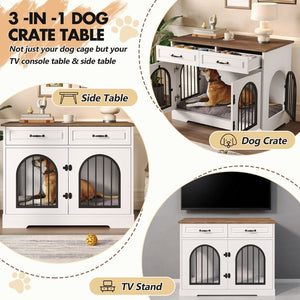 English Elm 43.3" Farmhouse Mdf Dog Crate Console with Drawers and Rotating Bowls for Large Breeds N704P414598A