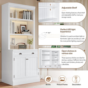 English Elm 83.4"Tall Bookcase with 3 LED Lights, Modern White Bookshelf with 2 Doors 1 Drawer & Adjustable Shelves SR000002AAK