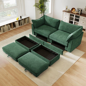 English Elm 2 Seater Sofa With Movable Ottomans & Hidden Storage Drawers, Elegant Chenille Green Design W3041S00184