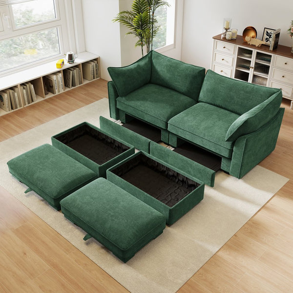 English Elm 2 Seater Sofa With Movable Ottomans & Hidden Storage Drawers, Elegant Chenille Green Design W3041S00184