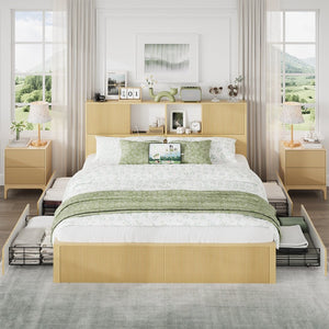 English Elm Queen Storage Bed Oak Finish Sliding Barn Door Headboard with Built-in Charging T3773P417198