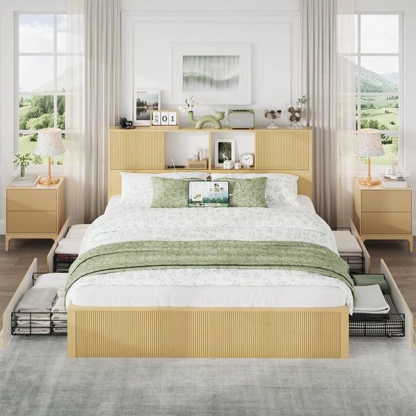 English Elm Queen Storage Bed Oak Finish Sliding Barn Door Headboard with Built-in Charging T3773P417198