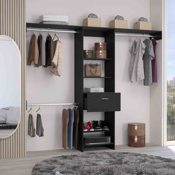 English Elm Closet Adjustable Storage System 70–118" W with Three Hanging Rods, Five Shelves & One Drawer, Engineered Wood Black 82.68 L x 20.87 W x 3.54 H B097S00167