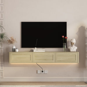 English Elm Floating Wall Mounted Tv Shelf with Led Backlight Gloss Cabinet and Built in Power Strip W1321P391272