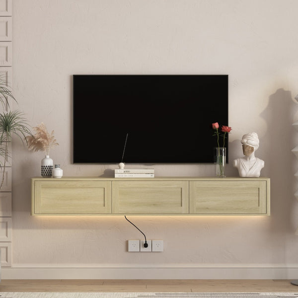 English Elm Floating Wall Mounted Tv Shelf with Led Backlight Gloss Cabinet and Built in Power Strip W1321P391272