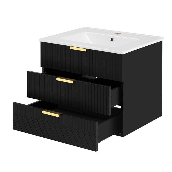 English Elm 24inch Bathroom Vanity with Sink - Wall-Mounted Floating Combo with Ceramic Basin, Modern L-Handle Design Black N710S324097B