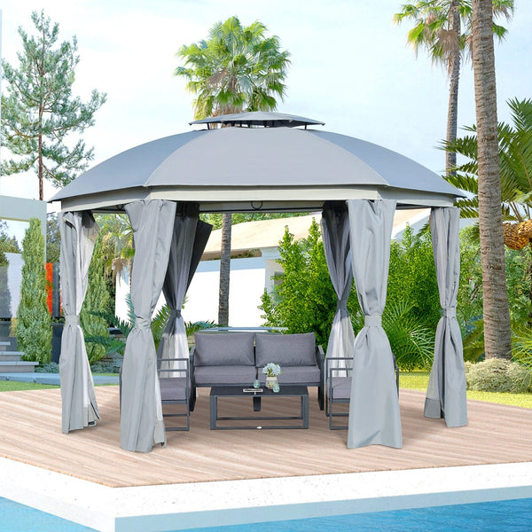 English Elm Outsunny 12' X 12' Round Outdoor Gazebo Canopy With Double Roof, Netting, Curtains & Steel Frame W2225P174236-GIGA