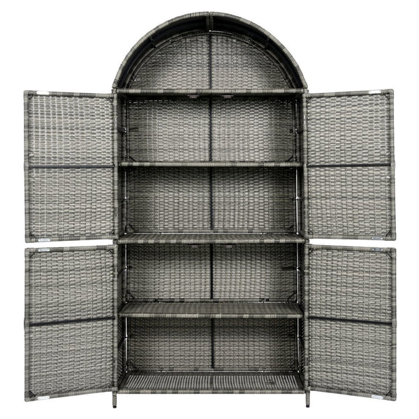 English Elm K&k Tall Arched Pe Rattan Outdoor Storage Cabinet with Adjustable Shelves and Steel Frame Grey N707P420158G