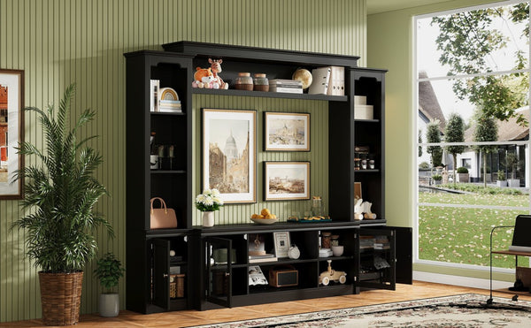 English Elm Entertainment Wall Unit with Glass Doors Open Shelving Mdf Living Room Storage Black N710S688102B