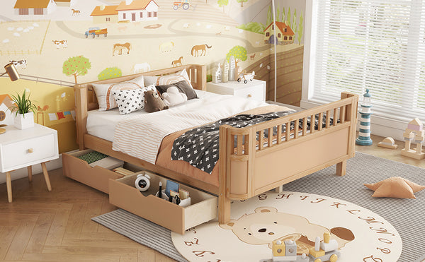 English Elm Full Solid Wood Kids Platform Bed with Guardrail, Low-Profile Durable Pine & MDF, 350LB Capacity Natural 69.69 L x 18.5 W x 8.66 H W2593P331687
