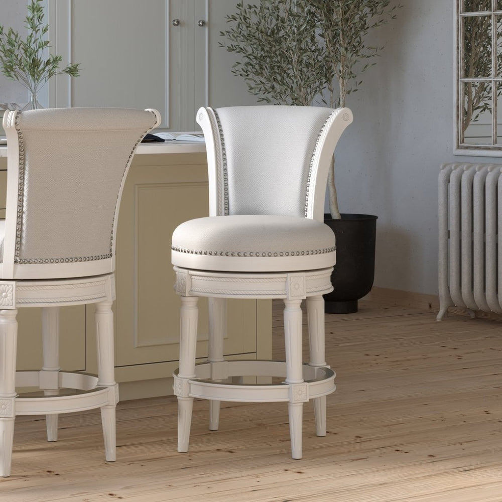 English Elm 26in. Wood High-back Swivel Barstool Farmhouse Style Nailhead Upholstered Kitchen Seat White B2751P436430