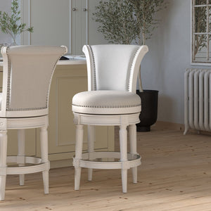 English Elm 26in. Wood High-back Swivel Barstool Farmhouse Style Nailhead Upholstered Kitchen Seat White B2751P436430