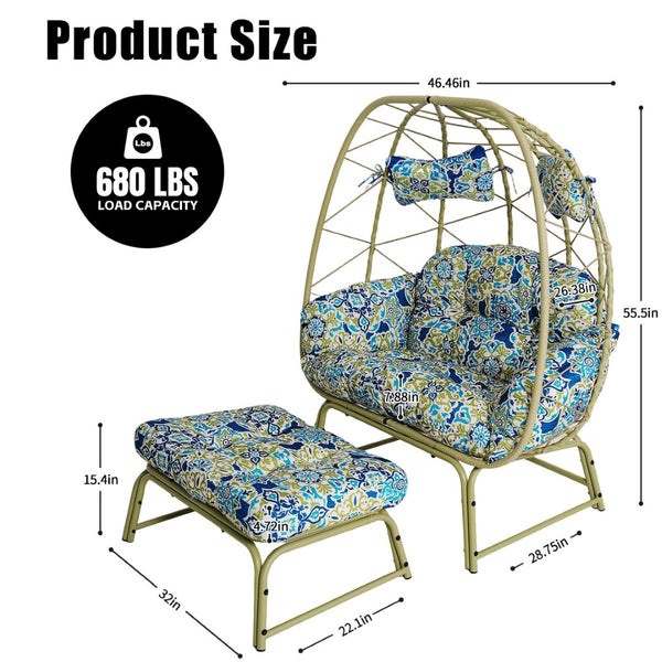 English Elm Double Wicker Egg Chair with Ottoman Bohemian Rattan Outdoor Lounge for Patio T5880P501483