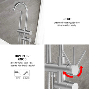English Elm Floor Mount freestanding bathtub faucet with matte black finish, high-flow single-handle tub filler with handheld shower and 360° swivel spout, durable stainless steel and brass construction Brushed Nickel T3177P277533