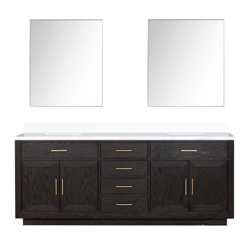 English Elm Black Oak Double Bath Vanity Set - 84" W X 22" D With White Quartz Top & 36" Frameless Mirrors B2731S02147