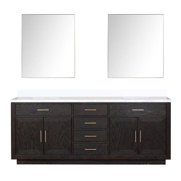 English Elm Black Oak Double Bath Vanity Set - 84" W X 22" D With White Quartz Top & 36" Frameless Mirrors B2731S02147