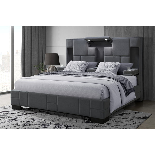 English Elm YARIS Queen Bed with Fold-Down Armrests, Built-In Wireless Charger, LED Lights & Speakers Dark Gray 70.4 L x 60.4 W x 8.07 H B201S00185