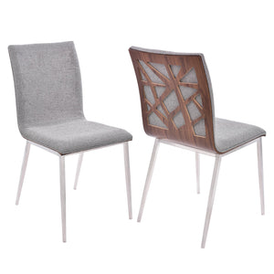 English Elm Rhyssa Modern Dining Chairs Set of 2 — Gray Fabric Upholstery, Walnut Laser-Cut Back, Stainless Legs B2736P354367