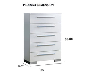 English Elm Contemporary Chic Five-Drawer Chest with Chrome Legs, High-Gloss Coating, Smooth Modern Design Glossy White 38 L x 21 W x 55 H B2741P367727
