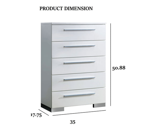 English Elm Contemporary Chic Five-Drawer Chest with Chrome Legs, High-Gloss Coating, Smooth Modern Design Glossy White 38 L x 21 W x 55 H B2741P367727
