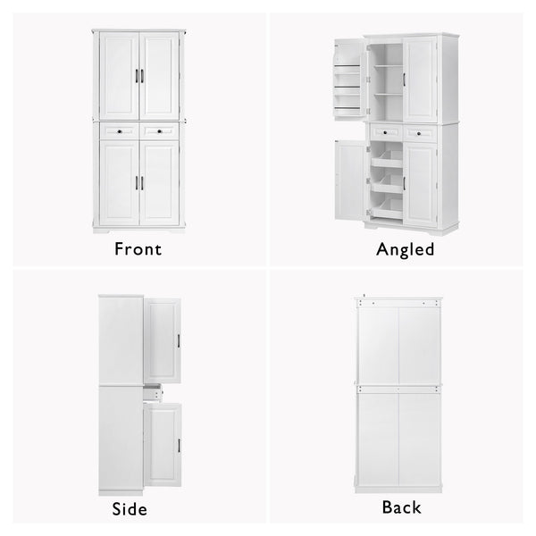 English Elm K&K 71" Tall Farmhouse Pantry Cabinet with Groove Edges, 3 Pull-Out Organizers, 6 Door Shelves White N707P256507W