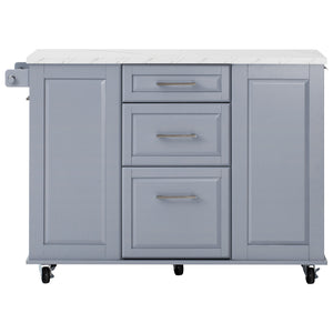 English Elm K&K Vintage Convex Kitchen Island Cart with Faux Marble Top, Tilt Trash, Pull-Out Organizer, Wheels Grey+Blue N707P299008G