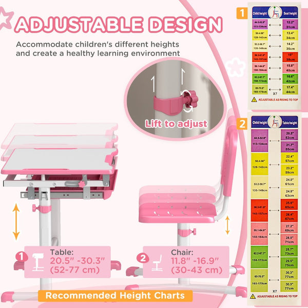 English Elm Qaba Kids Desk And Chairs Set – Height Adjustable Ergonomic Study Desk With Storage, Pink Design W2225P229616-GIGA