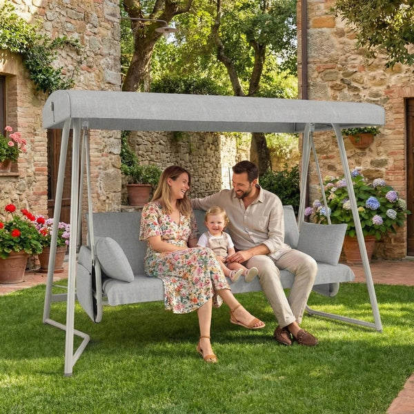 English Elm 3-in-1 Outdoor Hanging Swing Bed Steel Frame 600 Lb Capacity Adjustable Canopy Patio Lounger Champagne White W3979P394109