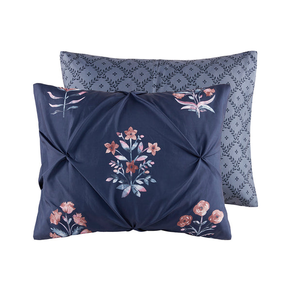 JLA Home Madison Park - 3 Piece Pintuck Duvet Cover Set Navy Floral Microfiber with Button Closures, Inner Ties & Soft Texture 90 L x 90 W x 0.13H MP12-8412