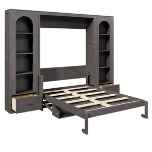 English Elm Queen Murphy Bed with Led Lighting Side Cabinets Shelving and Fold Down Desk Panel Gray N7090002226E-1