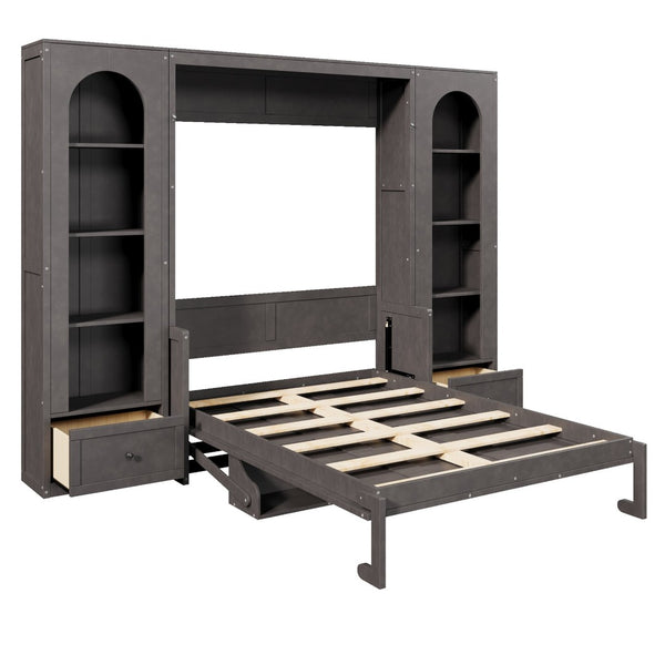 English Elm Queen Murphy Bed with Led Lighting Side Cabinets Shelving and Fold Down Desk Panel Gray N7090002226E-1