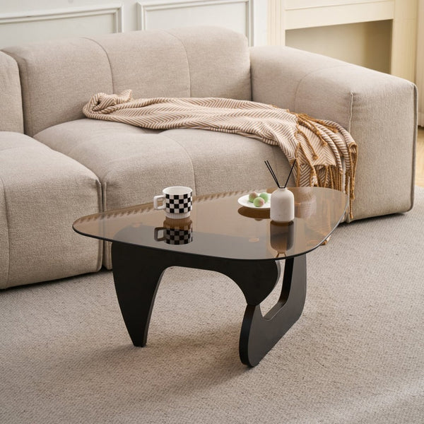 English Elm Century Mid-century Oak Base Tempered Glass Coffee Table Compact Living Room Accent Black+Brown W1718P452037