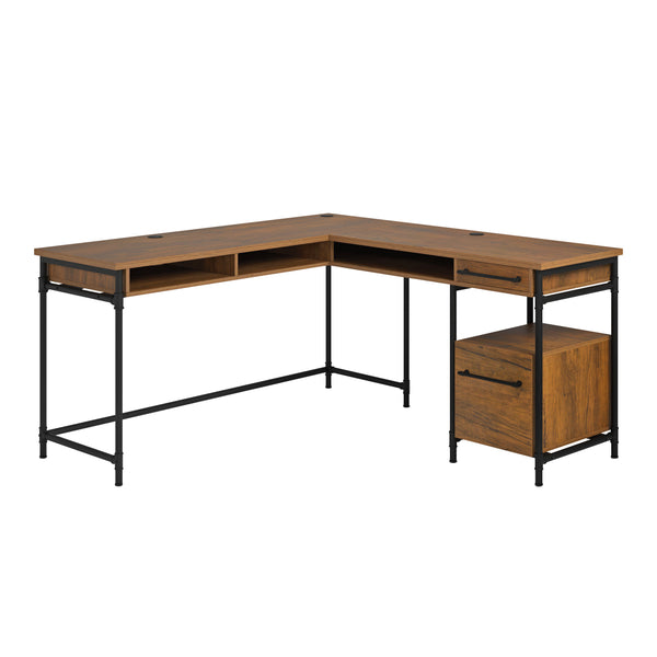 English Elm L-Shaped Desk With Elegant Brown Finish – Versatile Workspace Solution With Ample Storage & Cable Management B356P367765