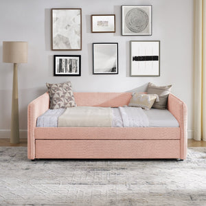 English Elm Full Size Boucle Daybed with Pop up Trundle Tufted Upholstered Sofa Sleeping Pink W1413S00175