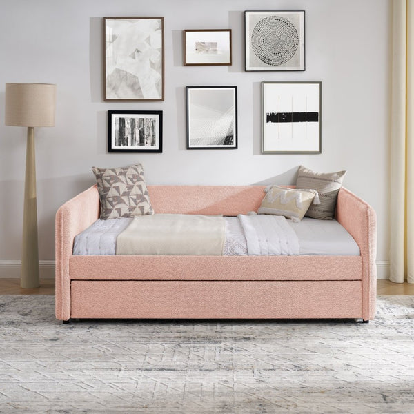 English Elm Full Size Boucle Daybed with Pop up Trundle Tufted Upholstered Sofa Sleeping Pink W1413S00175