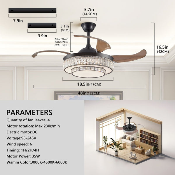English Elm 48" Retractable Blade Crystal Led Ceiling Fan with Remote for Bedroom Dining Kitchen W2312P415980