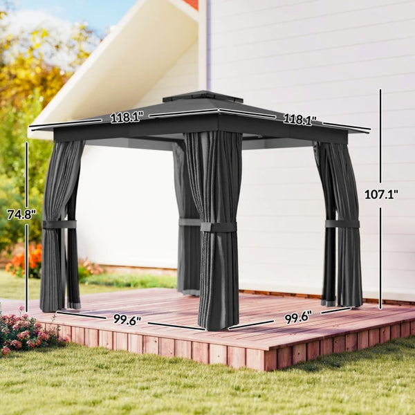 English Elm Canopy Outdoor Gazebo Steel Frame Double Tier Polyester Roof with Mesh Curtain Panels Black,Dark Gray T3971P459069