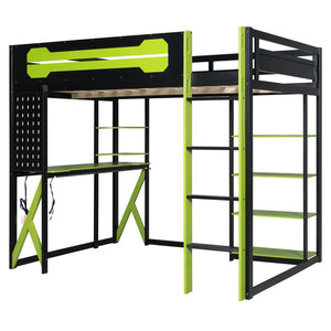 English Elm Full Size Loft Bed with Rgb Lighting Chevron Desk Usb Charging Ports and Storage Shelves Black+Green LT000286AAG