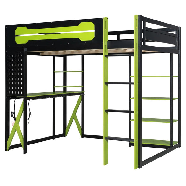 English Elm Full Size Loft Bed with Rgb Lighting Chevron Desk Usb Charging Ports and Storage Shelves Black+Green LT000286AAG