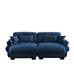 English Elm Over Size Velvet Two-Seater Sofa With Ottoman - Plush Comfort, Bolster Armrests & Pillows In Blue W714S01115-GIGA