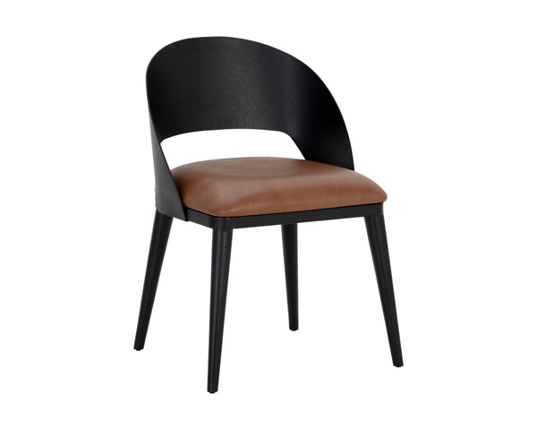 Sunpan Dezirae Dining Chair - Stylish Curved Back Design with Genuine Leather Seat and Iron Legs, Handcrafted Black / Cognac Leather