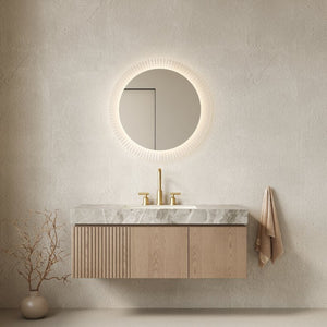 English Elm Muri Floating Bathroom Vanity Plywood Cabinet Sintered Stone Top Woodgrain Finish W2615S00600