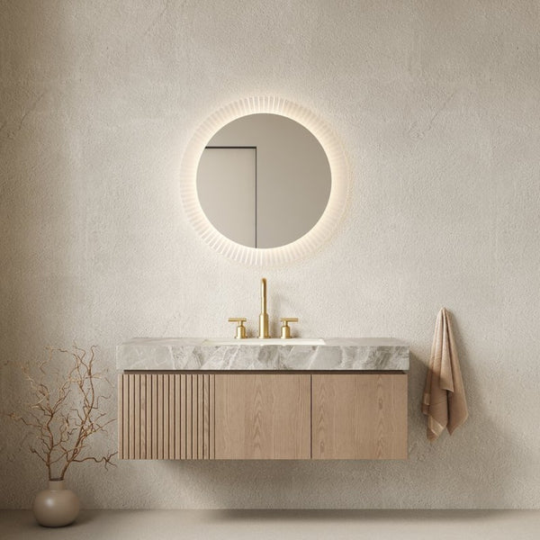 English Elm Muri Floating Bathroom Vanity Plywood Cabinet Sintered Stone Top Woodgrain Finish W2615S00600