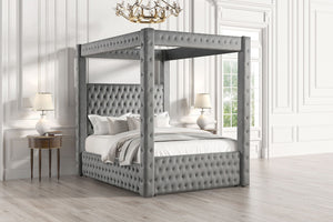 English Elm 1pc Gray Flannelette Four Poster Bed Tufted Upholstered Frame with Usb and Bluetooth B2741S00936
