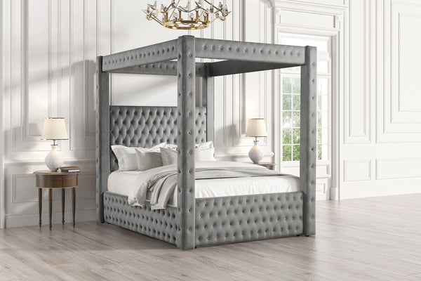 English Elm 1pc Gray Flannelette Four Poster Bed Tufted Upholstered Frame with Usb and Bluetooth B2741S00936