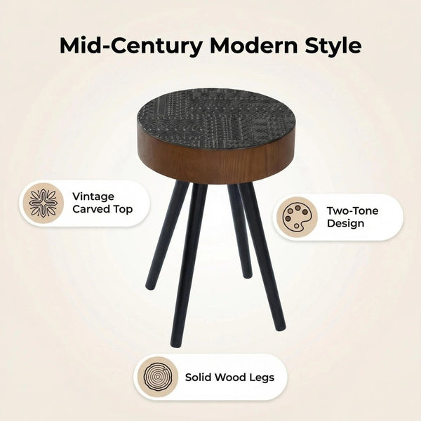 English Elm 15.7-inch Round Carved Mdf Accent Table Distressed Vintage Style for Bedroom or Living Room W3935P406044