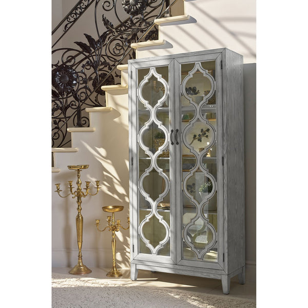 English Elm Leslie Distressed Antique White 2-Door Cabinet with Lattice Doors, Mirrored Interior & 4 Shelves B062P353476